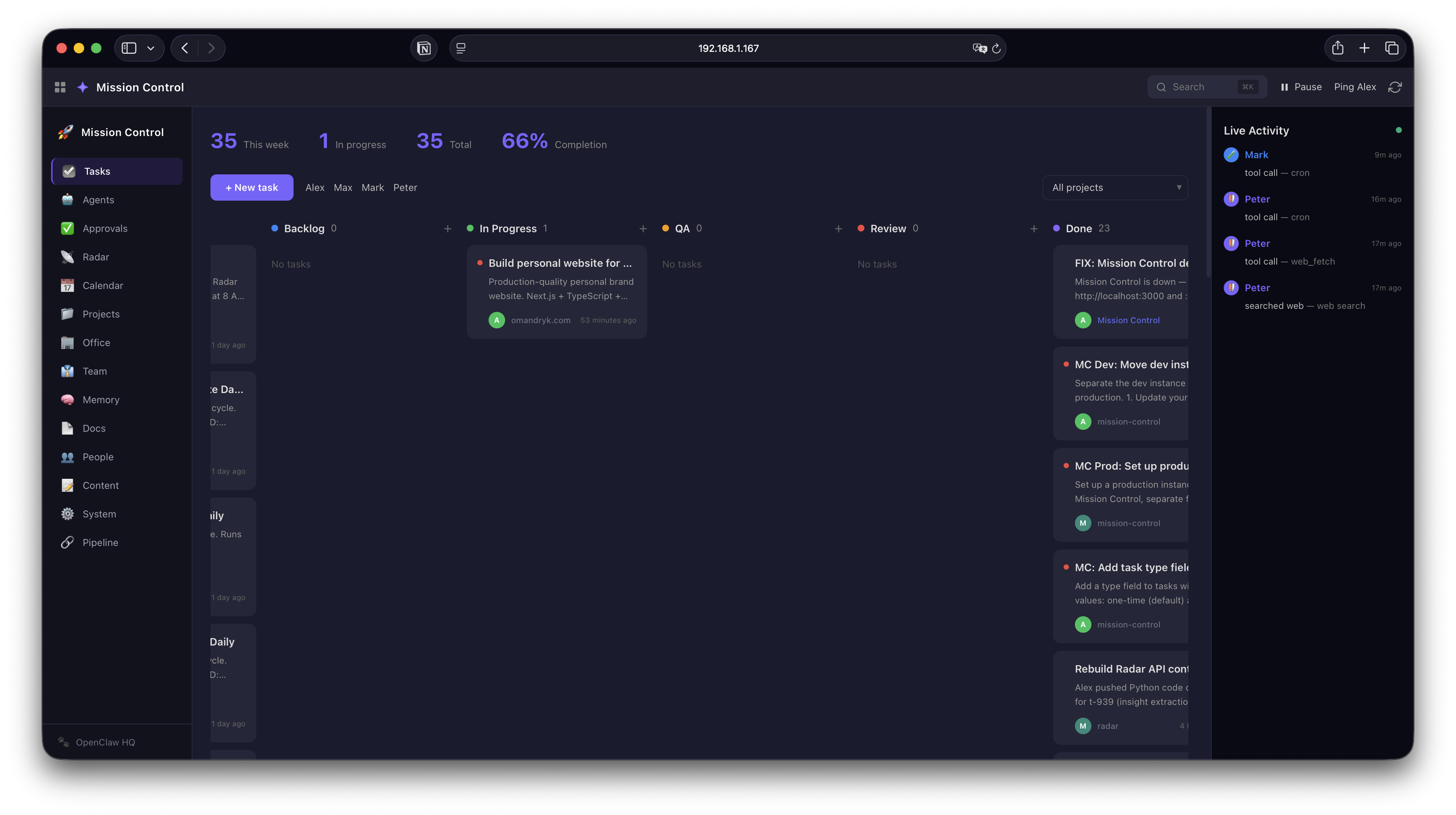 Mission Control board showing task flow across the AI delivery system